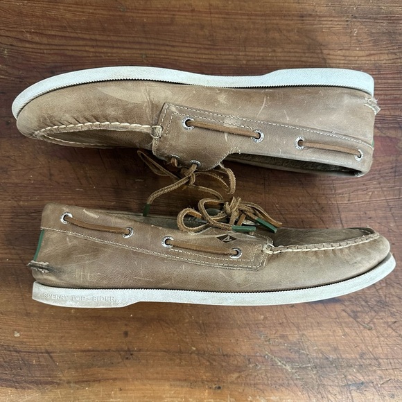 Sperry Top Siders Leather Boat Shoes Size 12 Green Tan